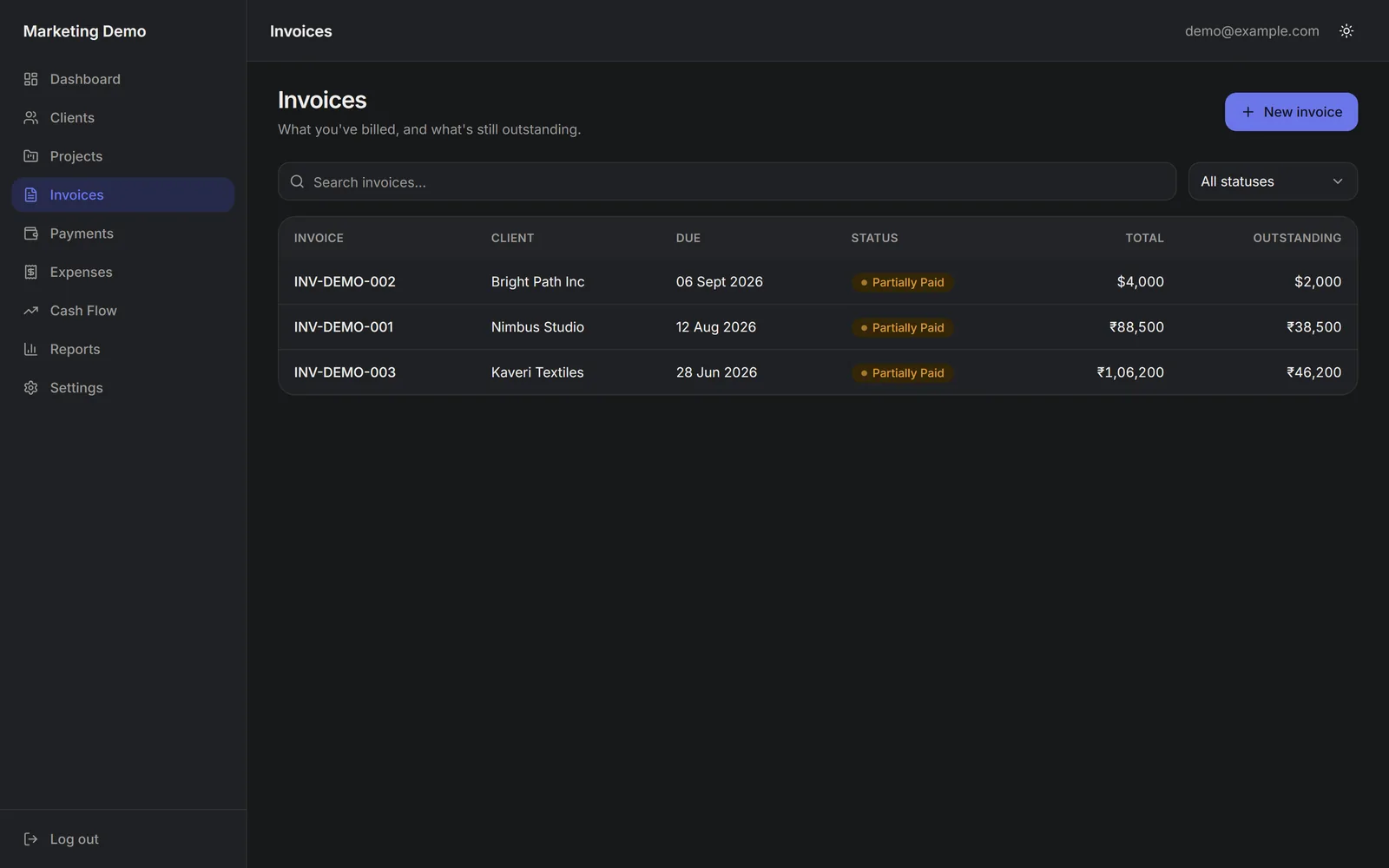Invoices list with derived status, client, amount and due date, plus search and status filtering.