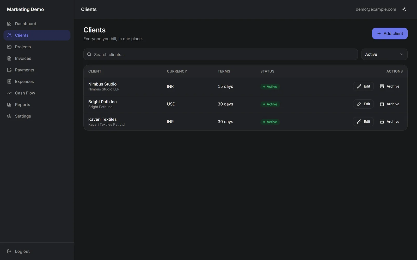 Clients list with status, revenue and outstanding balance per client.