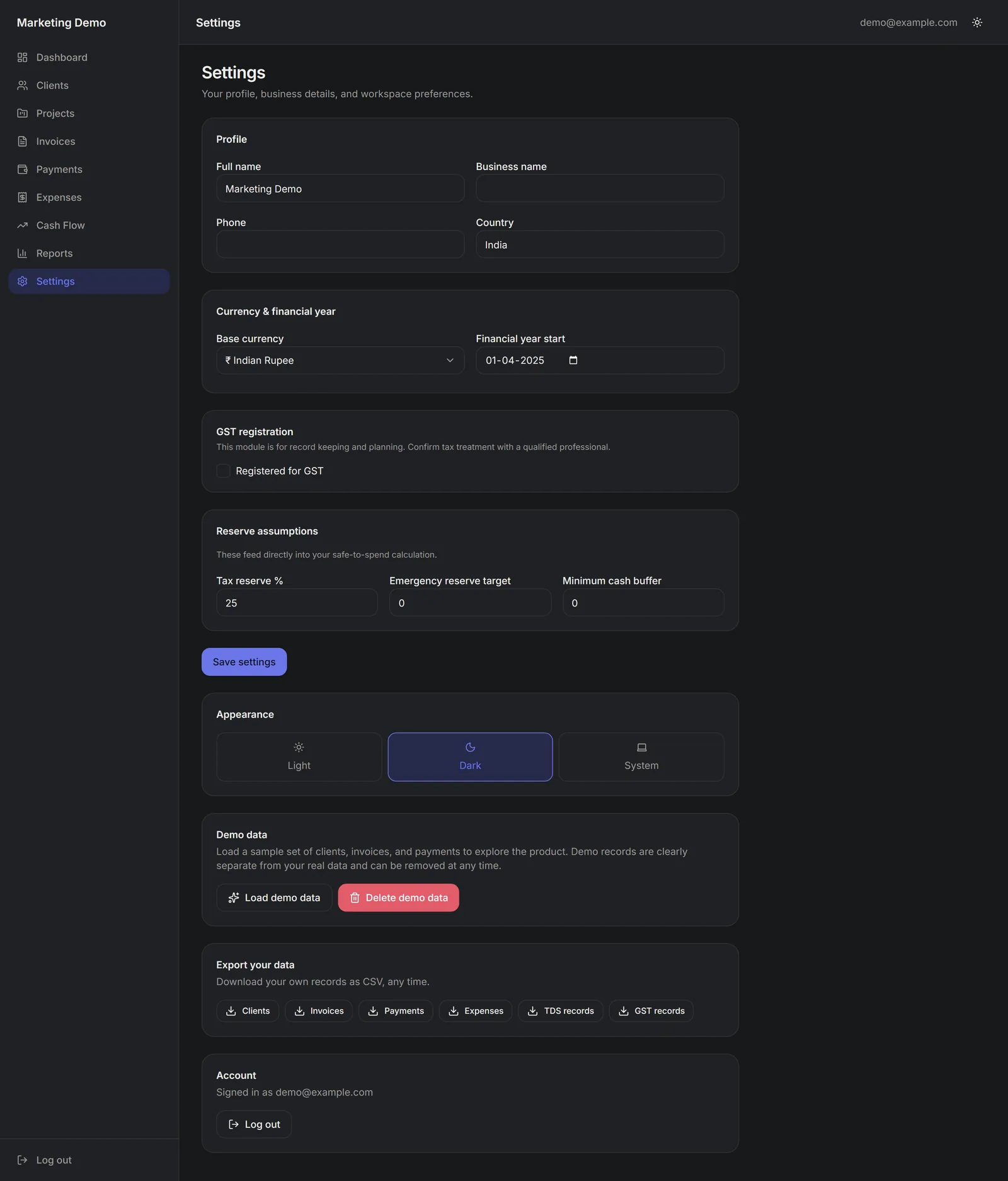 Settings: profile, base currency, financial year, GST registration, theme, demo data and CSV export.